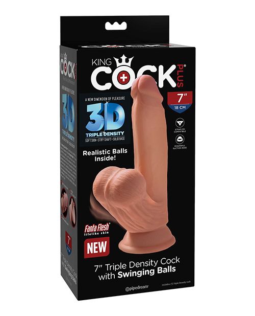 Photo of the front of the box for the  King Cock Plus Triple Density Dildo (7in) from Pipedreams (caramel).