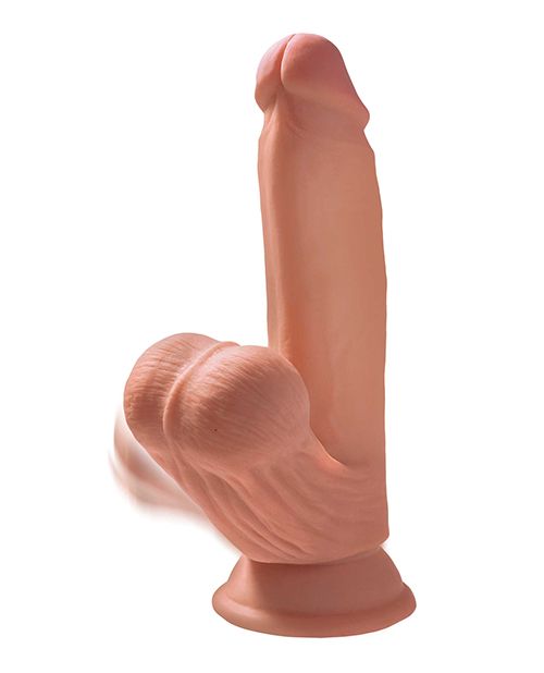 Photo shows the realistic head, frenulum, and moveable testicles of the King Cock Plus Triple Density Dildo (7in) from Pipedreams (caramel).