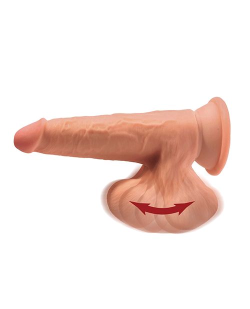 Side view of the  King Cock Plus Triple Density Dildo (7in) from Pipedreams (caramel) shows its girth, texture, head, swingable balls, and suction cup base.