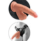 Image shows how the  King Cock Plus Triple Density Dildo (7in) from Pipedreams (caramel) can suction to different smooth surfaces.
