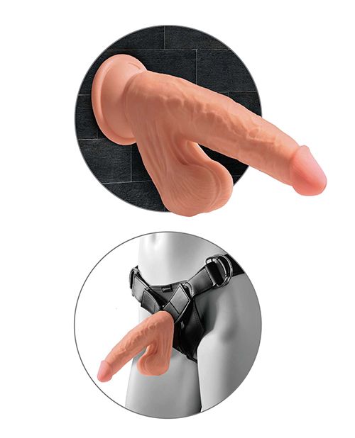 Image shows how the  King Cock Plus Triple Density Dildo (7in) from Pipedreams (caramel) can suction to different smooth surfaces.