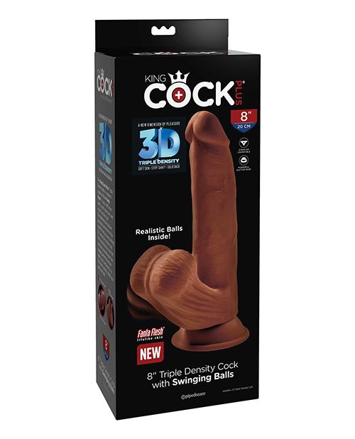 Photo of the front of the box for the King Cock Plus Triple Density Dildo (8in) from Pipedreams (chocolate).