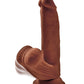 Photo shows the realistic head, frenulum, and moveable testicles of the King Cock Plus Triple Density Dildo (8in) from Pipedreams (chocoate).