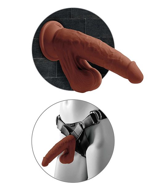 Image shows how the King Cock Plus Triple Density Dildo (8in) from Pipedreams (chocolate) can suction to different smooth surfaces.