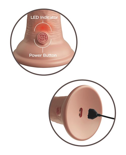 Image shows the power control button and the magnetic USB recharging port on the King Cock Elite Dual Density Vibrating Dildo (6in) from Pipedreams (vanilla).