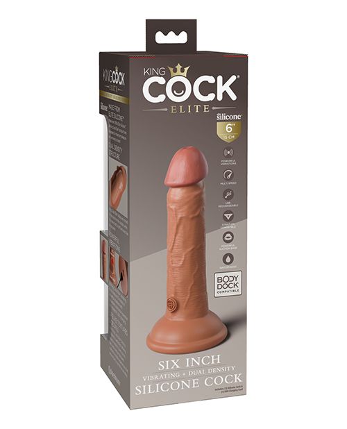 Photo of the back of the box for the King Cock Elite Dual Density Vibrating Dildo (6in) from Pipedreams (caramel).