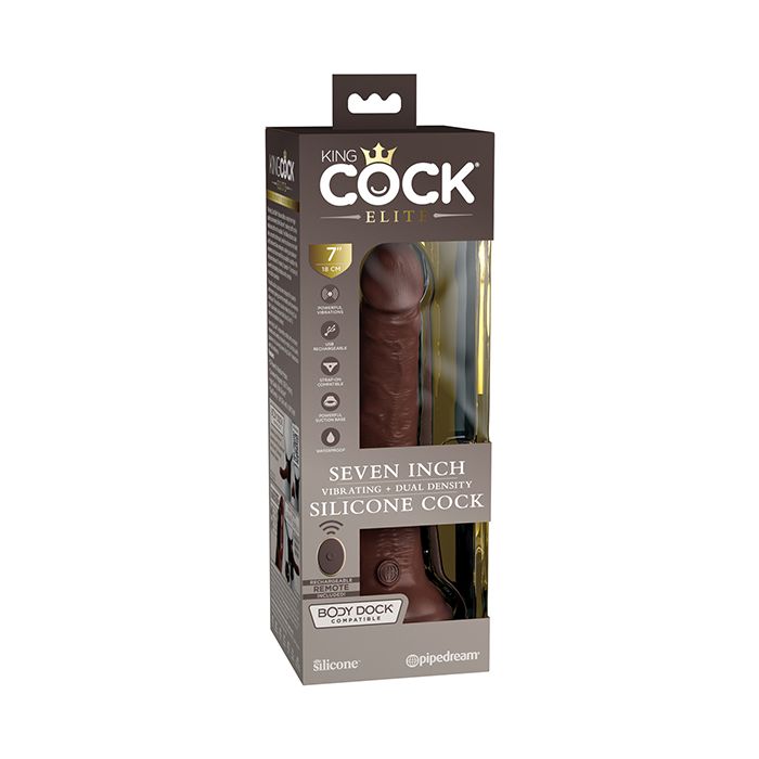 Photo of the front of the box for the King Cock Elite Dual Density Vibrating Dildo w/ Remote Control (7in) from Pipedreams (chocolate).