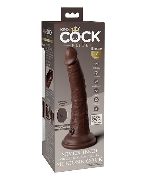 Photo of the back of the box for the King Cock Elite Dual Density Vibrating Dildo w/ Remote Control (7in) from Pipedreams (chocolate).