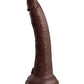 Profile of the King Cock Elite Dual Density Vibrating Dildo w/ Remote Control (7in) from Pipedreams (chocolate) shows its curved shaft, realistic head and veiny texture.