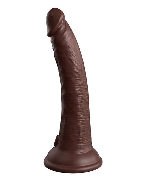 Profile of the King Cock Elite Dual Density Vibrating Dildo w/ Remote Control (7in) from Pipedreams (chocolate) shows its curved shaft, realistic head and veiny texture.