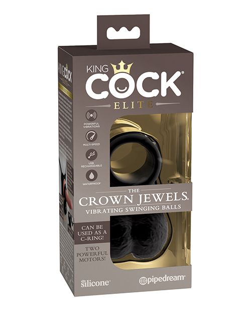 Photo of the front of the box for the  King Cock Elite Crown Jewels Vibrating Balls and Cockring from Pipedreams (black).