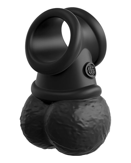 Close-up of the King Cock Elite Crown Jewels Vibrating Balls and Cockring from Pipedreams (black) shows its realistic texture.