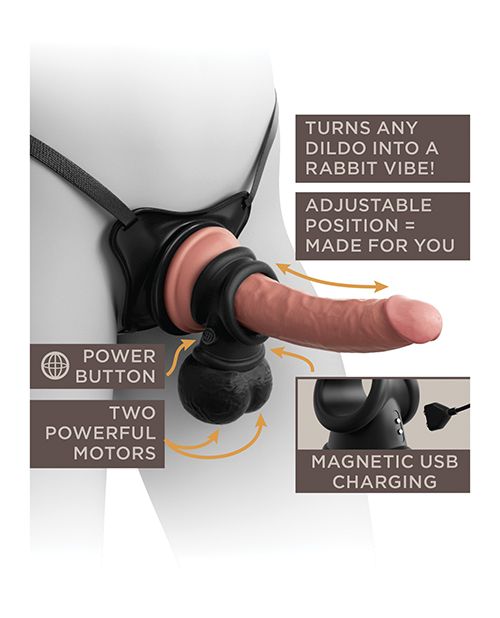 Image shows how the  King Cock Elite Crown Jewels Vibrating Balls and Cockring from Pipedreams (black) can be used on the King Cock Docking System from Pipedreams, as well as showing where the controls and charging ports are.