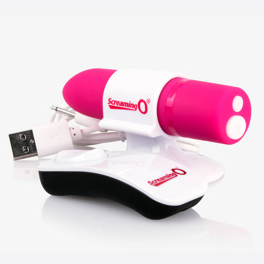 Close-up of the Charged bullet, finger slide, USB charging cord and remote control (pink).