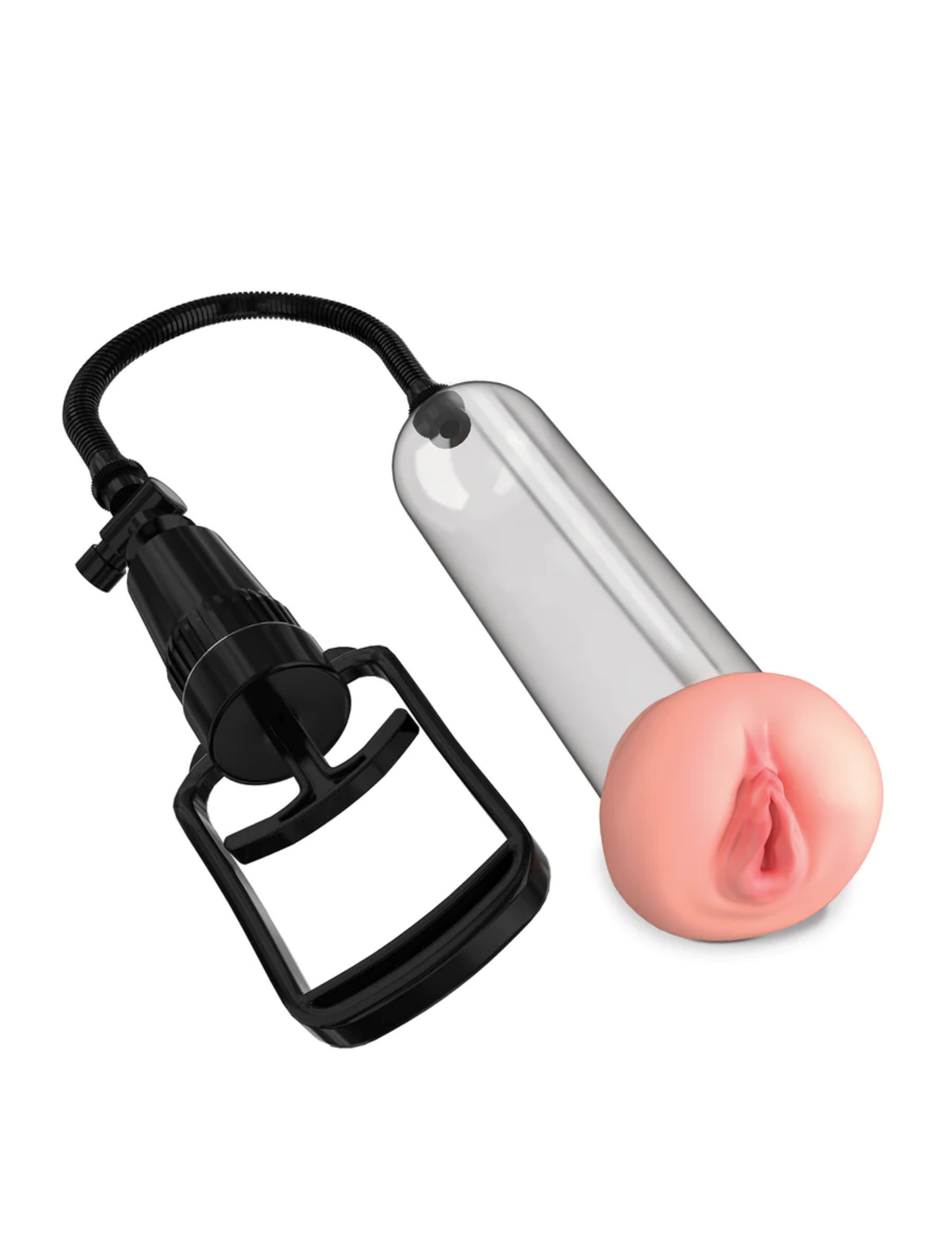 Front angle view of the Pump Worx Beginner's Pussy Pump Enlargement System from Pipedreams shows its vulva-like point of entry.