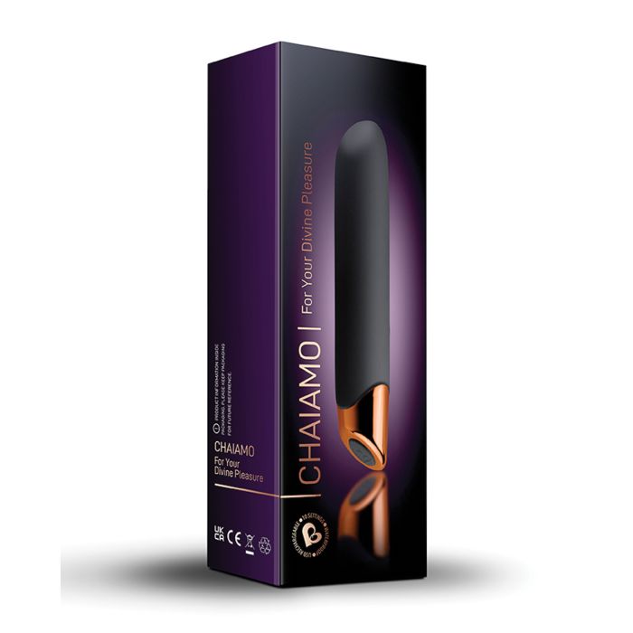 Photo of the front of the box for the Chaiamo Vibrator from Rocks Off (black).