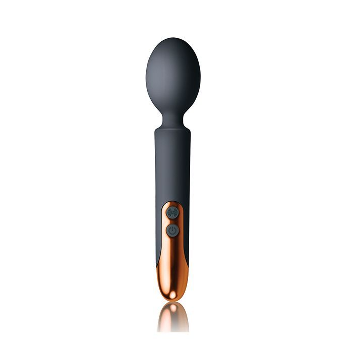 Up-right view of the Oriel Wand Massager from Rocks Off (black) shows its prominent massaging head and control buttons.