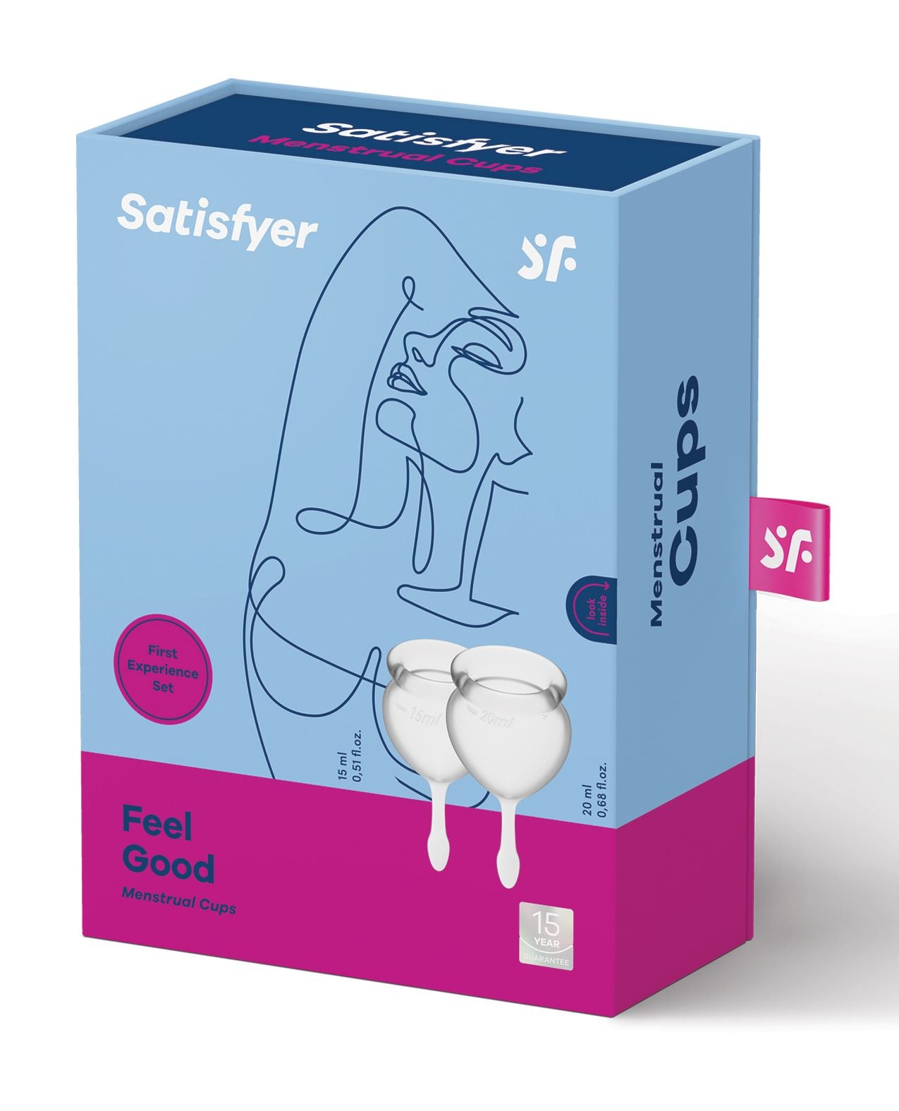 Satisfyer Feel Good Mensural Cup in its box (clear).