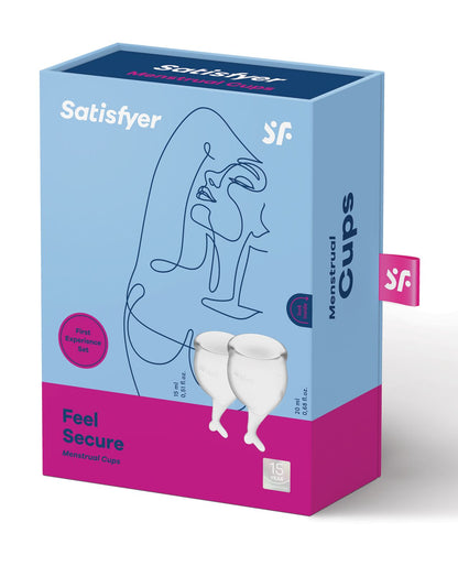 Satifyer Feel Secure Menstrual Cup in its box (clear).