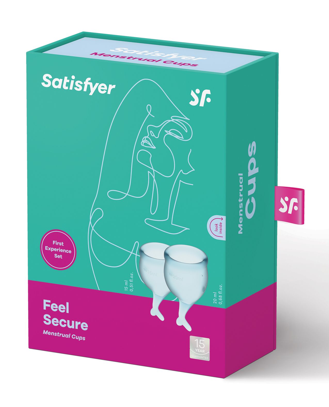 Satifyer Feel Secure Menstrual Cup in its box (blue).