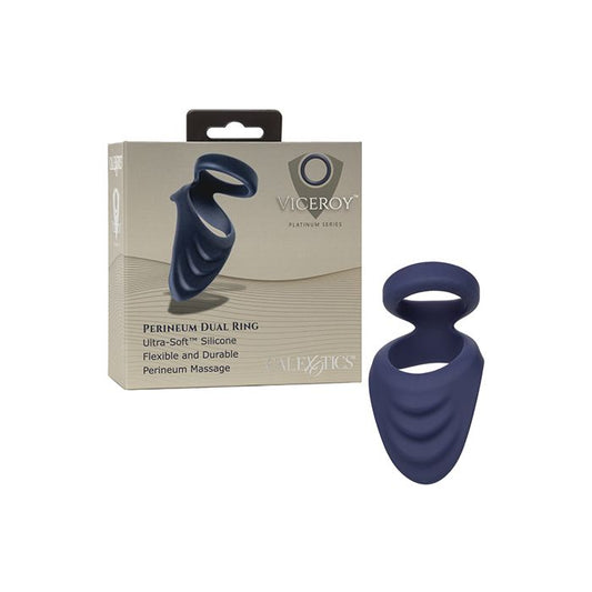 Photo of the Viceroy Perineum Dual Cock Ring from CalExotics (blue) next to its box.