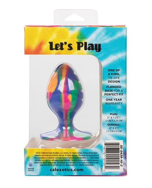 Photo shows the back of the Cheeky Swirl Tie Dye Silicone Plug, from CalExotics box.