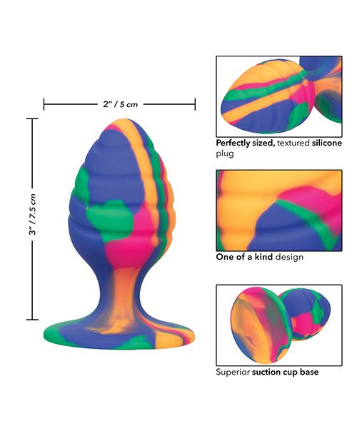 Image shows the dimensions of the Medium Cheeky Swirl Tie Dye Silicone Plug, from CalExotics.