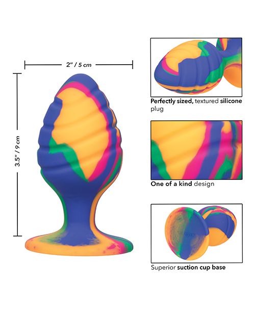Image shows the dimensions of the Large Cheeky Swirl Tie Dye Silicone Plug, from CalExotics.