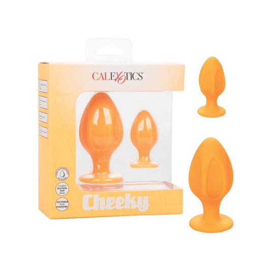 Cheeky Silicone Textured Anal Plugs (2pk/Orange) from CalExotics, next to their box. Image shows the 2 different sizes that are included.