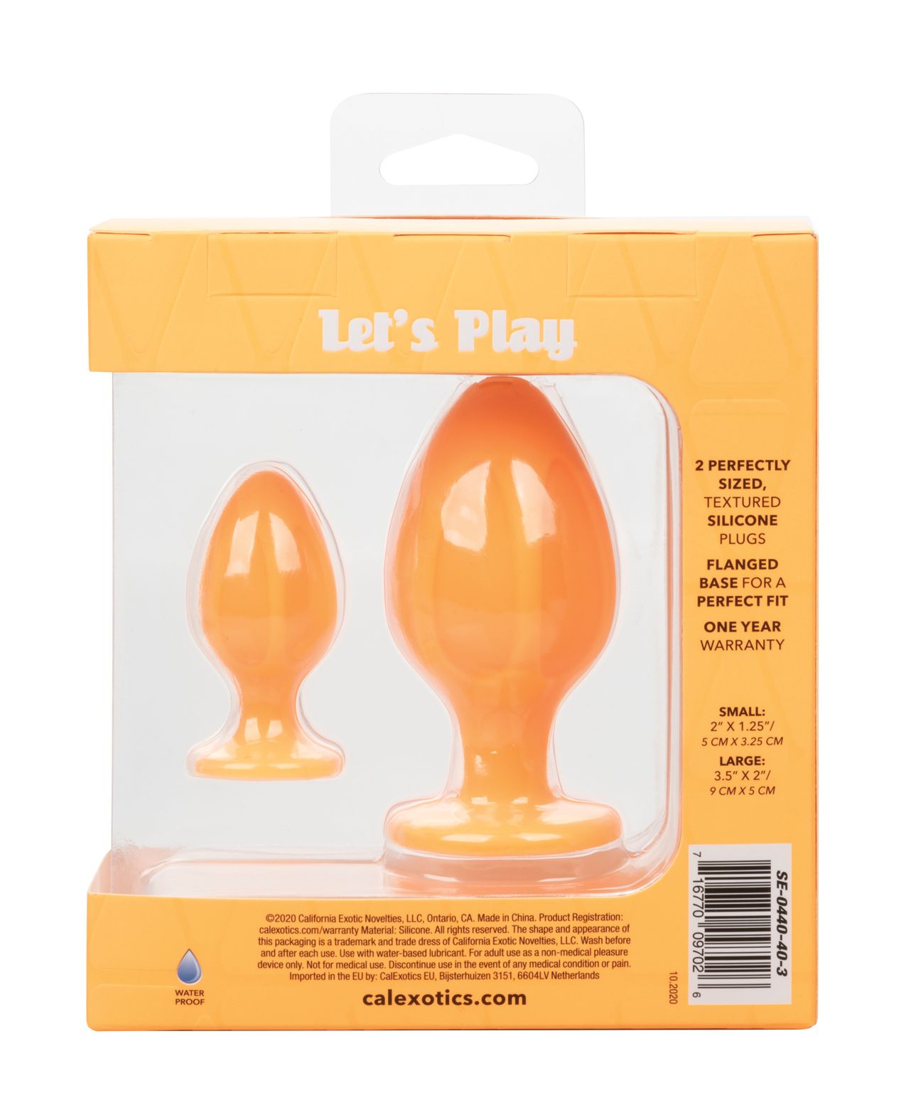 Photo shows the back of the box for the Cheeky Silicone Textured Anal Plugs (2pk/Orange) from CalExotics.