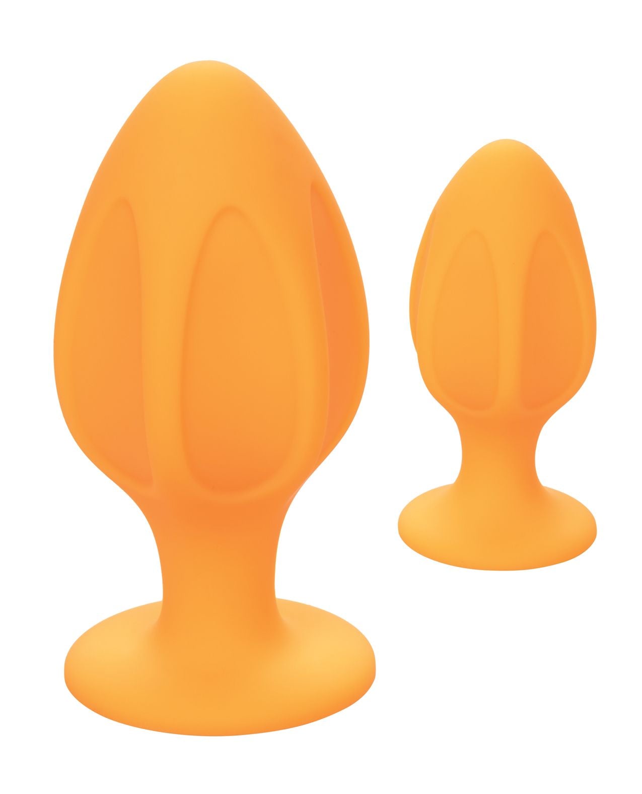 Close up of the larger plug from the Cheeky Silicone Textured Anal Plugs (2pk/Orange) from CalExotics set.