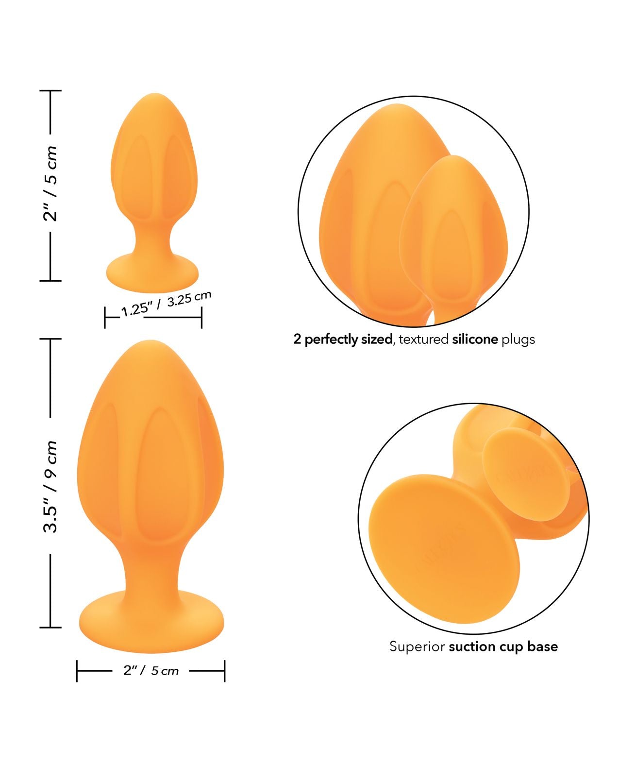 Image shows the dimensions of the 2 plugs, the narrow tips and suction cup base.
