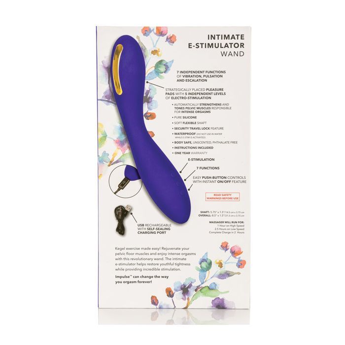 Photo of the back of the box for the Impulse Intimate E-Stimulator Wand, from CalExotics.