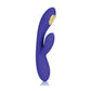 Up-right side view of the Impulse Intimate E-Stimulator Dual Wand Silicone Vibrator, from CalExotics, shows the gold e-stim plate on the insertable portion of the toy.