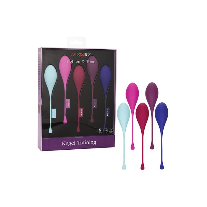 Photo of the  Kegel Training Set (5pc assorted colors), from CalExotics, next to their box.