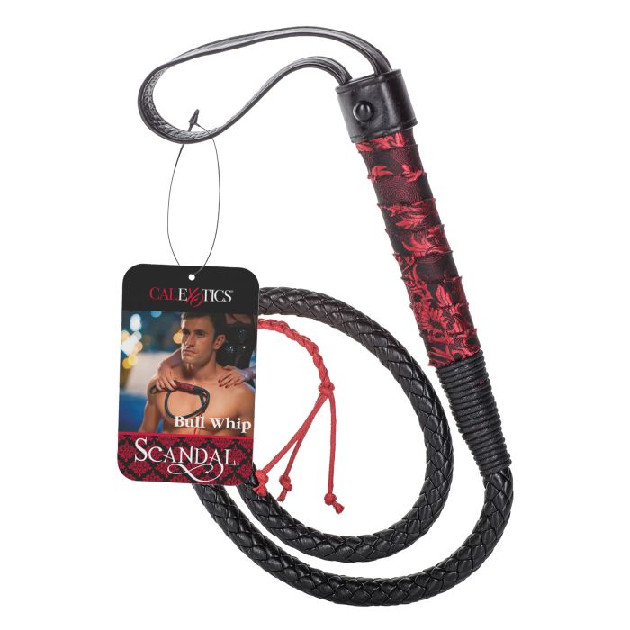 Top view of the Scandal Bull Whip (black/red) from CalExotics with its branded tag and showing its large strap for holding.