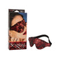 Photo of the Scandal Blackout Eye Mask (red/black) from CalExotics, next to its box.