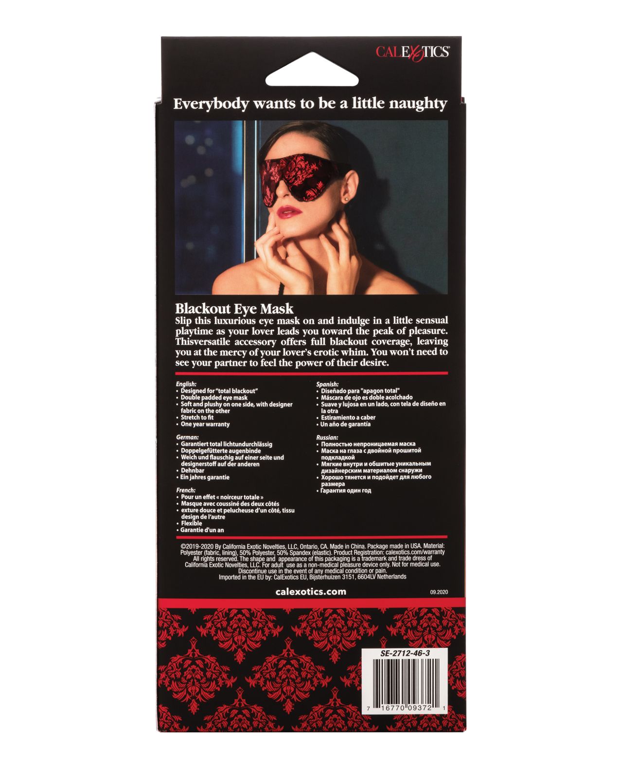 Photo of the back of the box for the  Scandal Blackout Eye Mask (red/black) from CalExotics.