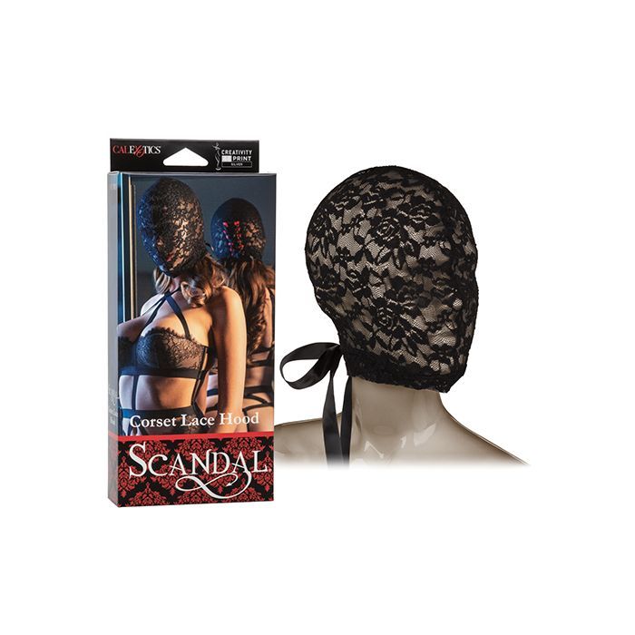 Photo of the Scandal Corset Lace Hood (black) from CalExotics, next to its box.