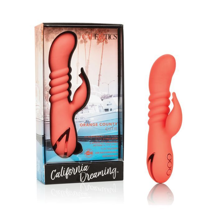 CalExotics California Dreaming Orange County Cutie Vibrator next to its box.