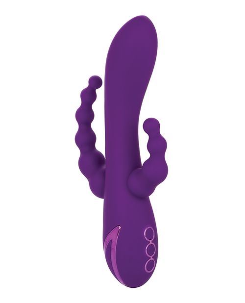 Front view of the toy shows its 3 stimulating aspects as well as its control buttons.