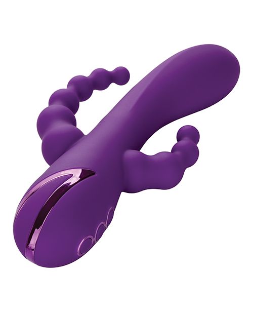 Back side angle view of the toy shows its unique beaded stimulators as well as G-spot vibrator.