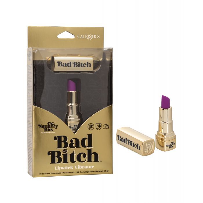 Photo of the Naughty Bits Bad Bitch Lipstick Bullet Vibrator, from CalExotics, next to its box.