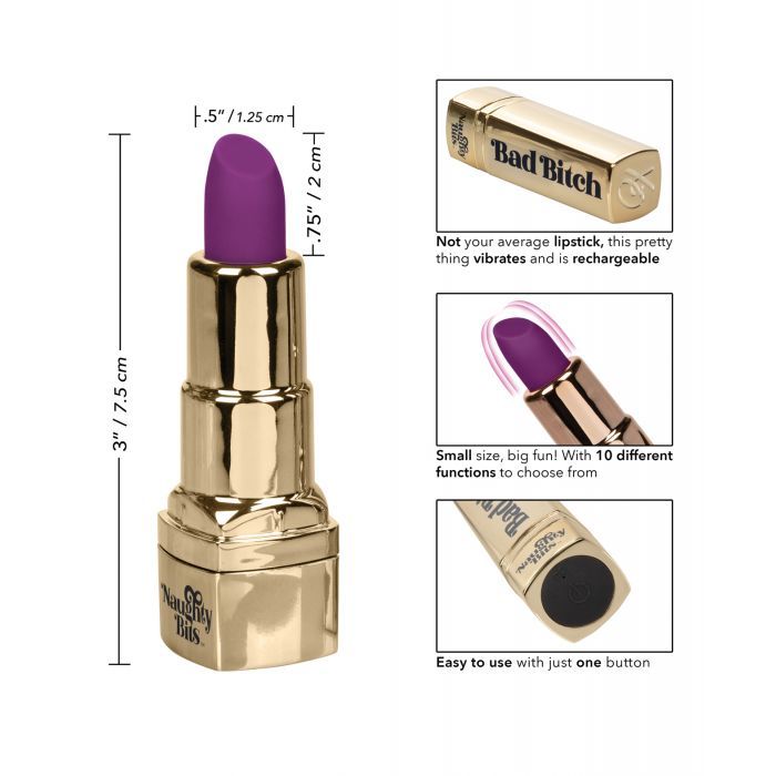 Image shows the dimensions of the Naughty Bits Bad Bitch Lipstick Bullet Vibrator, from CalExotics.