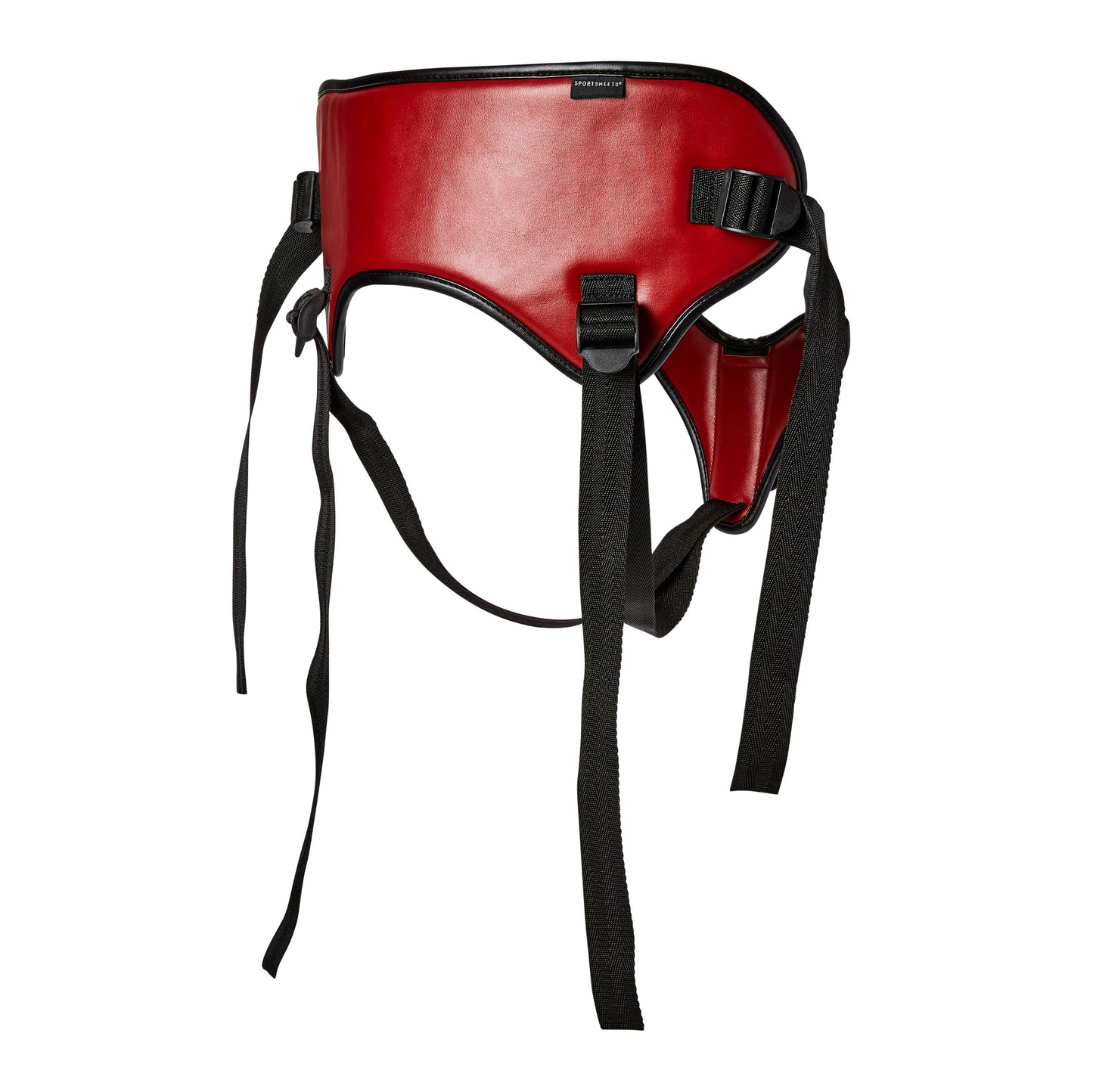 Side view of the harness that shows the width of the belt and the length of the adjustable straps.