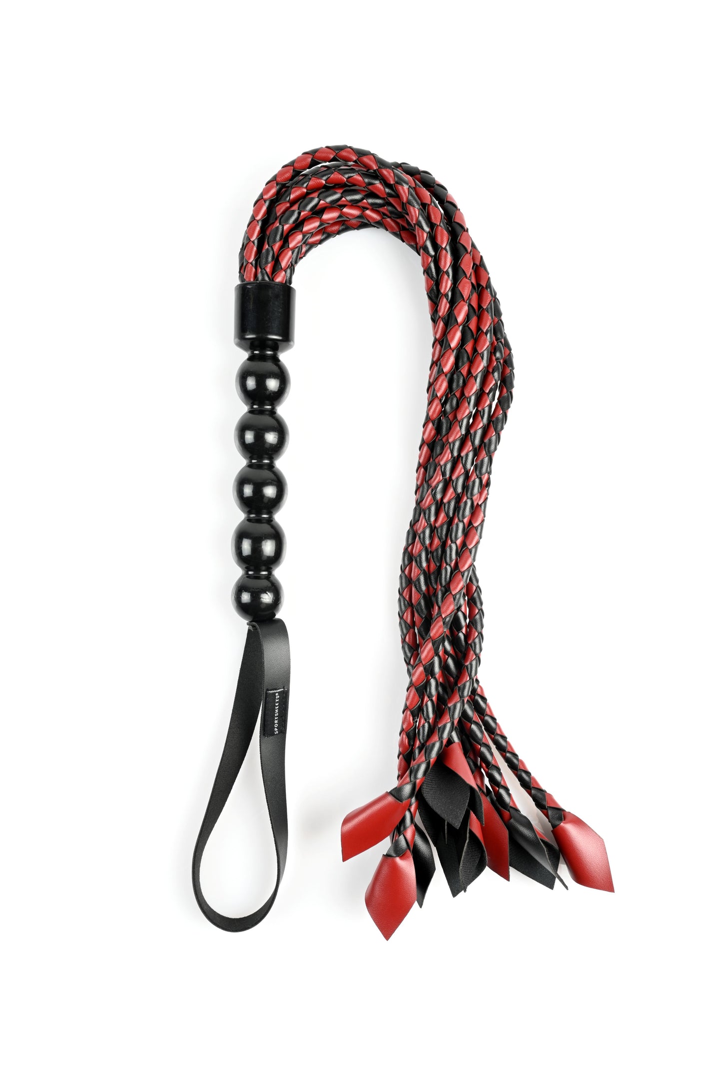 Front view of the curved Sportsheets Saffron Braided Flogger shows the braided detail, beaded handle, and wrist loop.