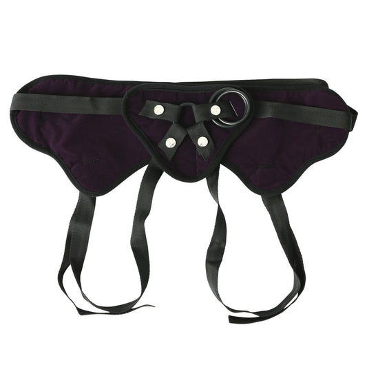 Front view of the Curvy Collection Plush Strap-On from Sportsheets (purple) shows its adjustable straps and soft, velvety material.