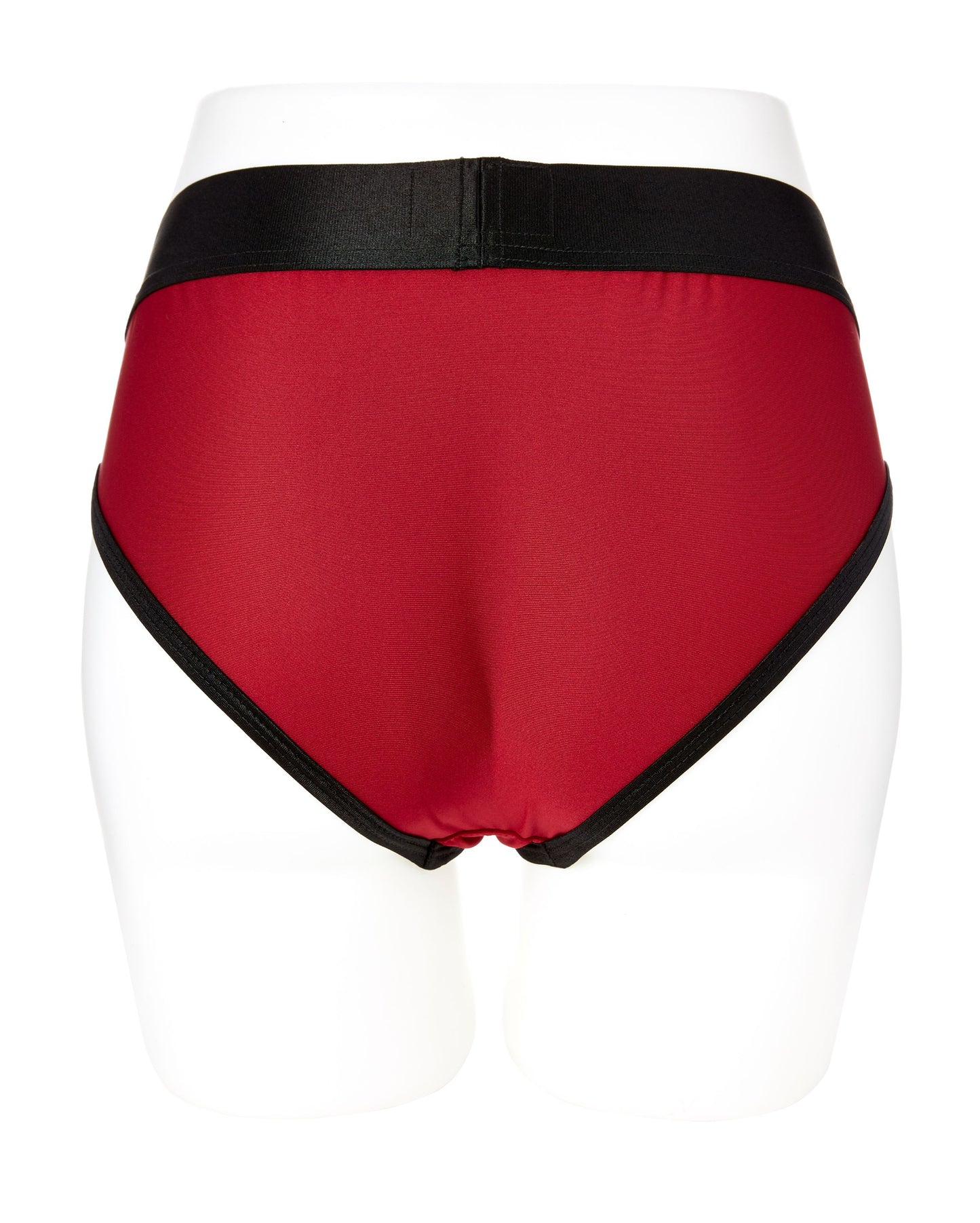 Photo of the back of a mannequin wearing the harness briefs (red).