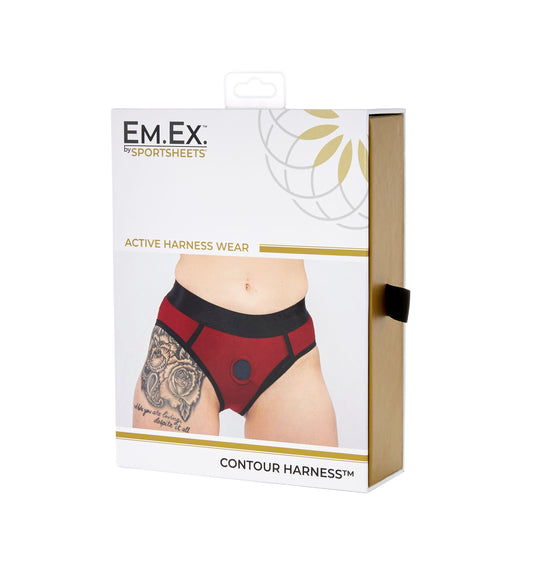 Sportsheets EM.EX. Active Harness Wear Contour Harness Briefs in their box (red).