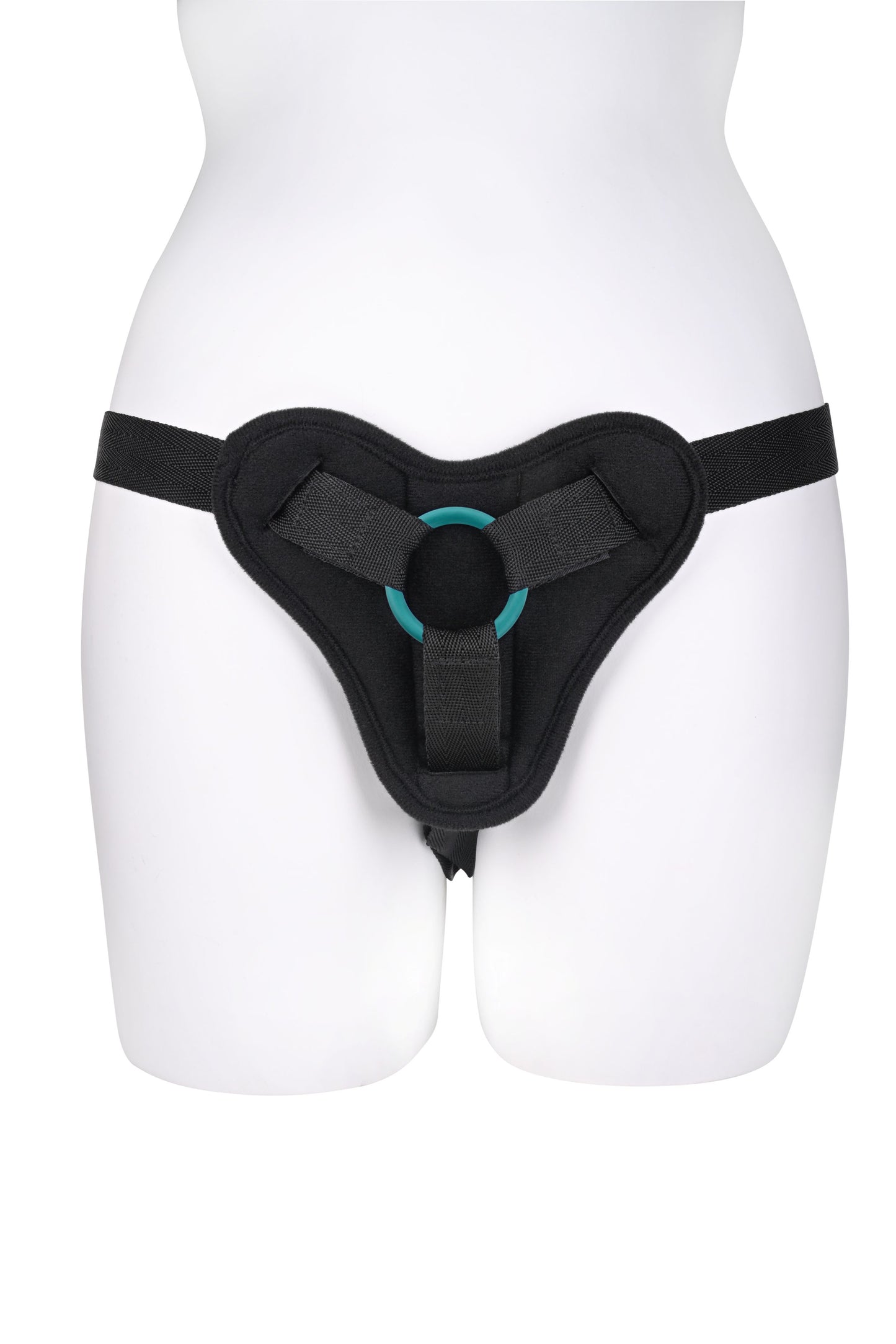 Image shows the front view of a strap-on harness with one of the o-rings on it (emerald).
